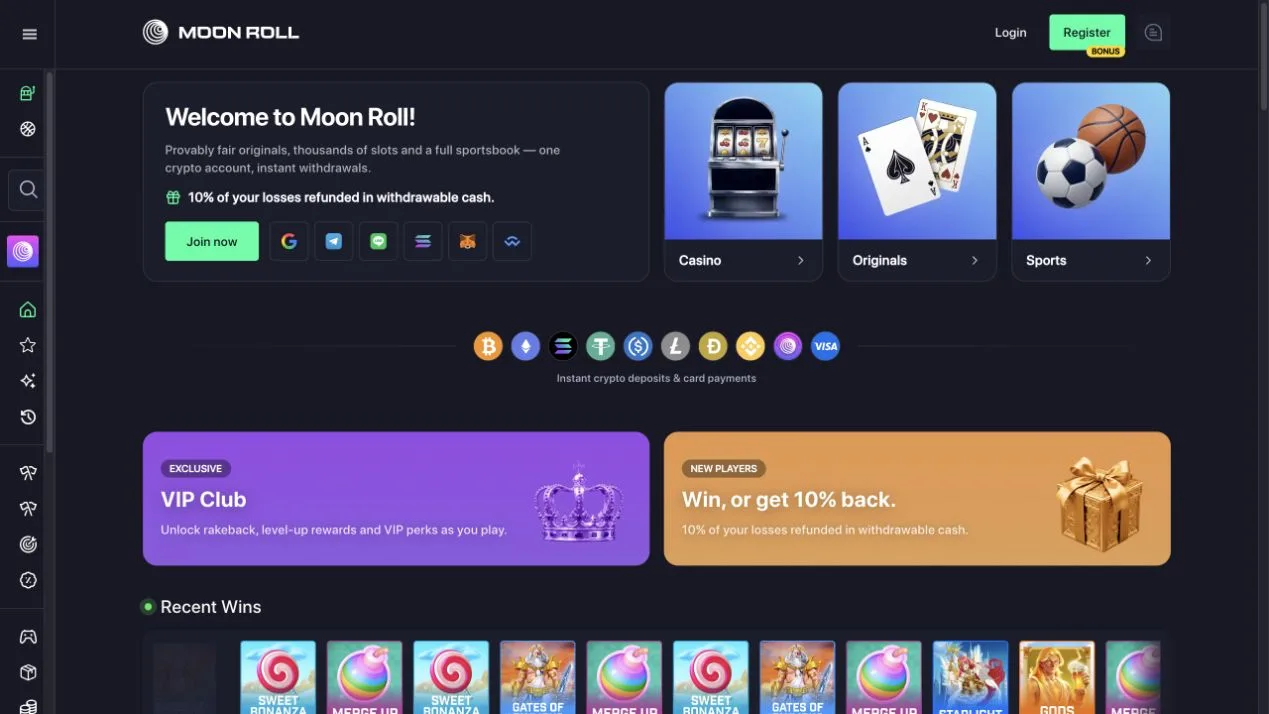 MoonRoll lobby showing casino, Originals, sports and payment icons