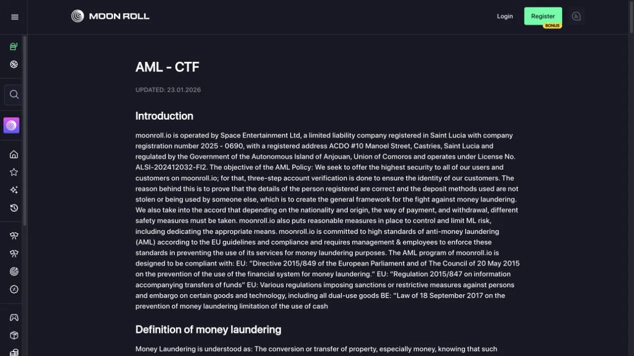 MoonRoll AML policy describing three verification levels