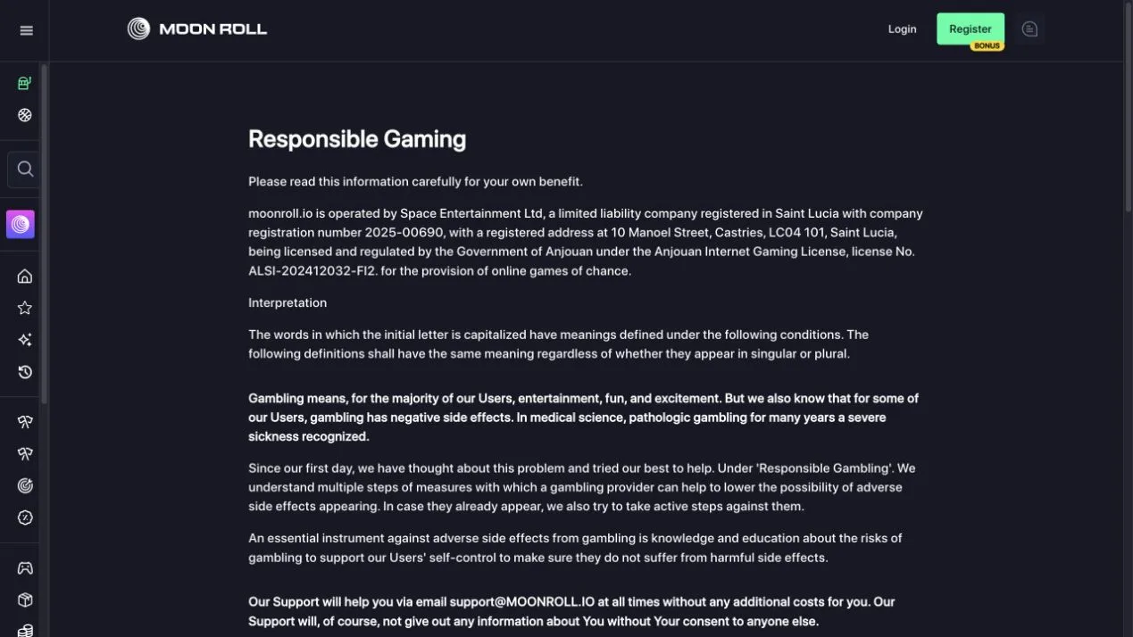 MoonRoll responsible gambling policy
