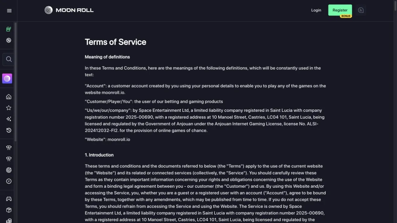 MoonRoll Terms naming its operator and licence