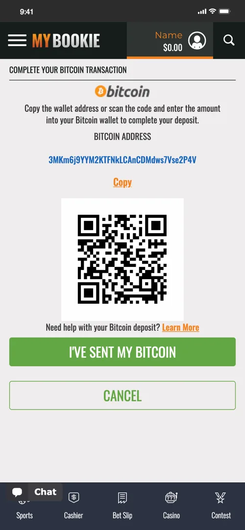 MyBookie Bitcoin deposit screen with wallet address and QR code