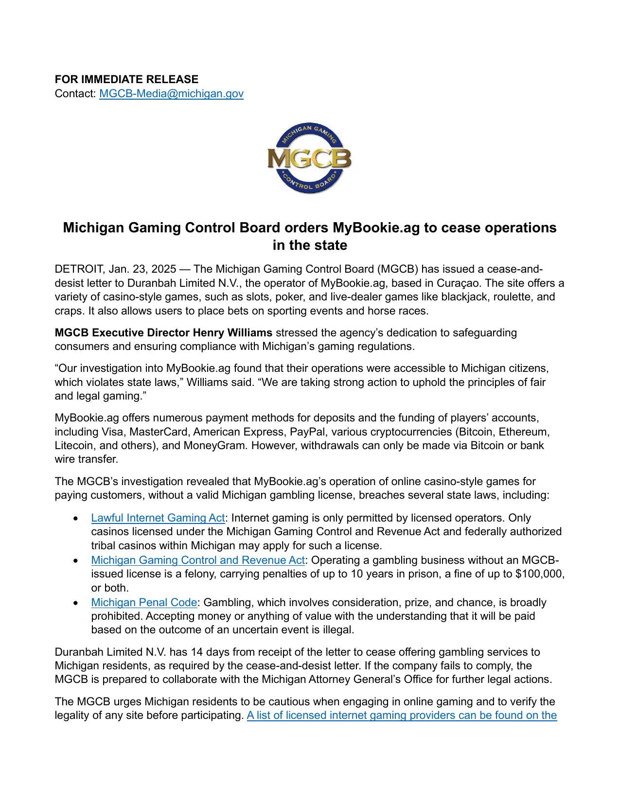 Michigan Gaming Control Board release ordering MyBookie to cease operations in the state