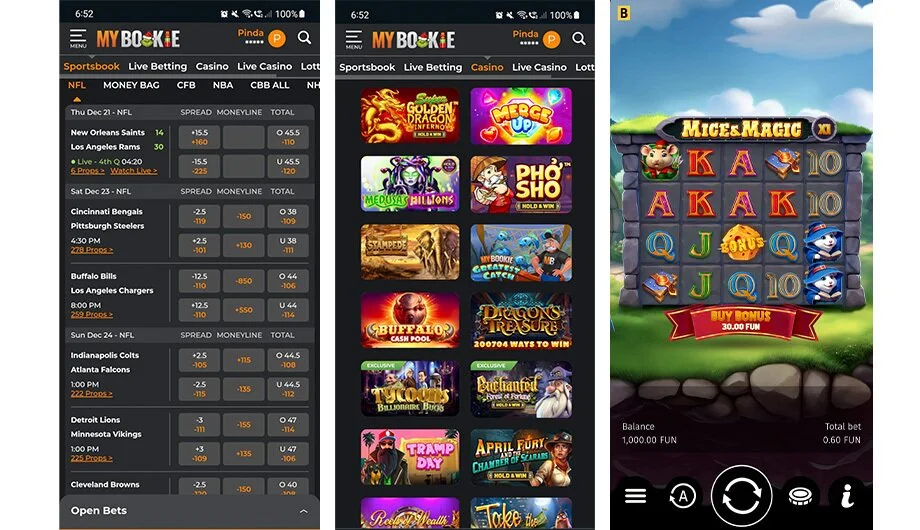 MyBookie mobile sportsbook, casino lobby and slot interface