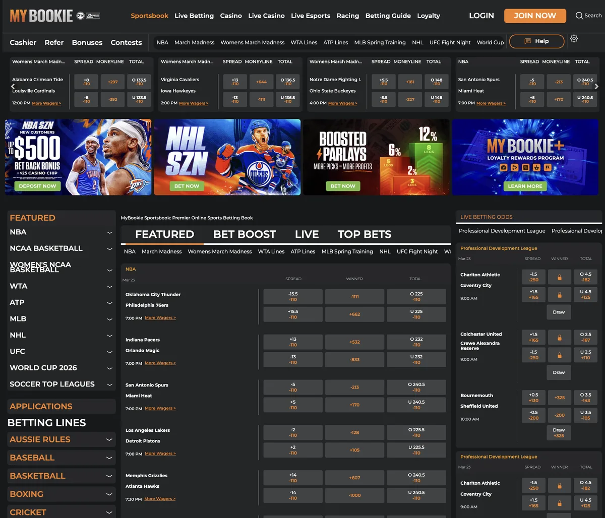 MyBookie sportsbook showing live and upcoming betting markets