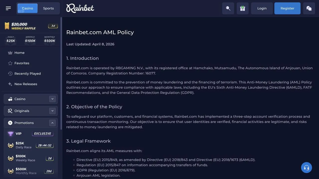 Rainbet AML policy naming RBGAMING NV and describing verification controls