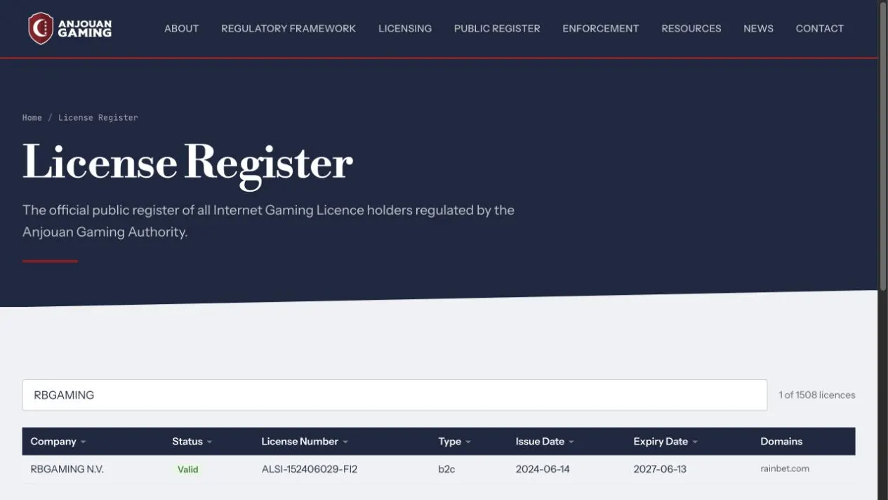 Anjouan public licence register entry for RBGAMING NV and rainbet.com