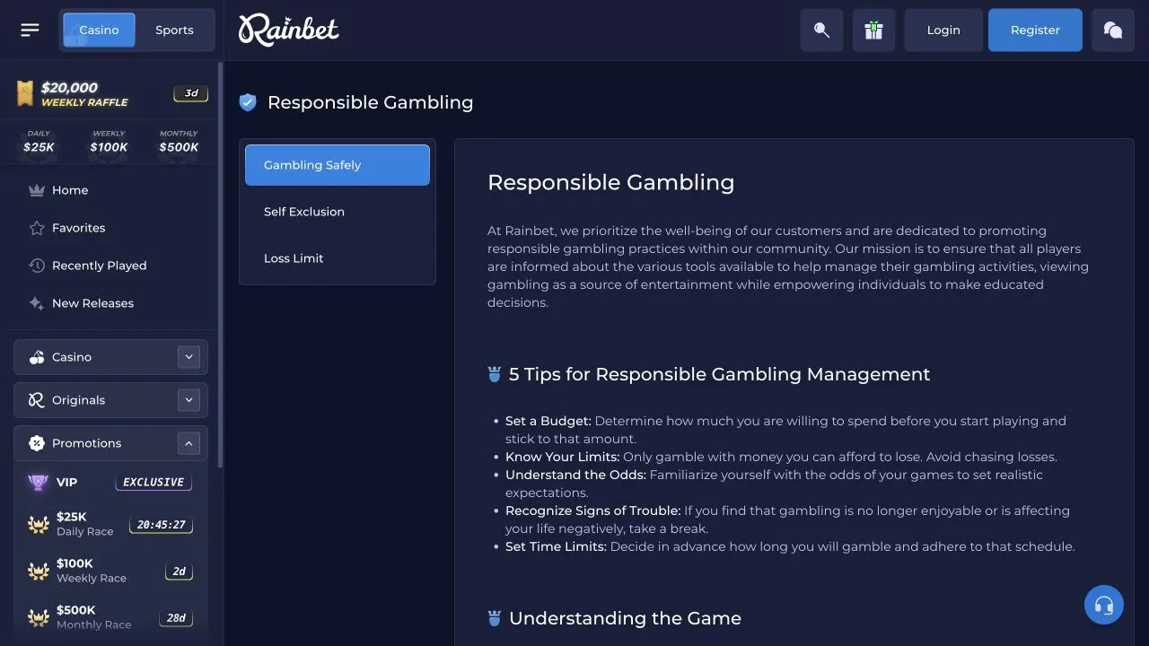 Rainbet responsible gambling page showing self-exclusion and loss limit tools