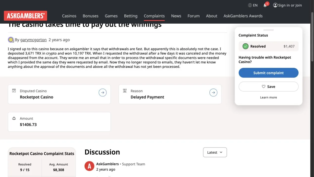 AskGamblers Rocketpot complaint about delayed withdrawal later marked resolved