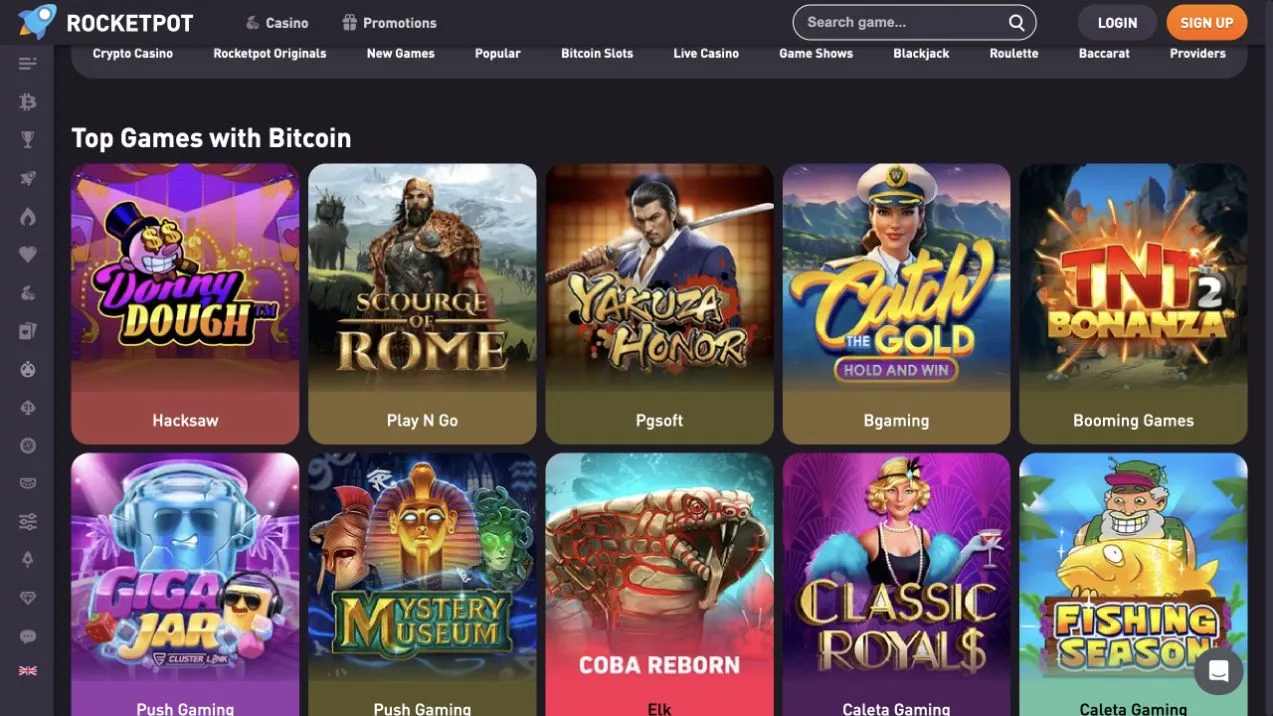 Rocketpot top games page showing current crypto casino catalogue