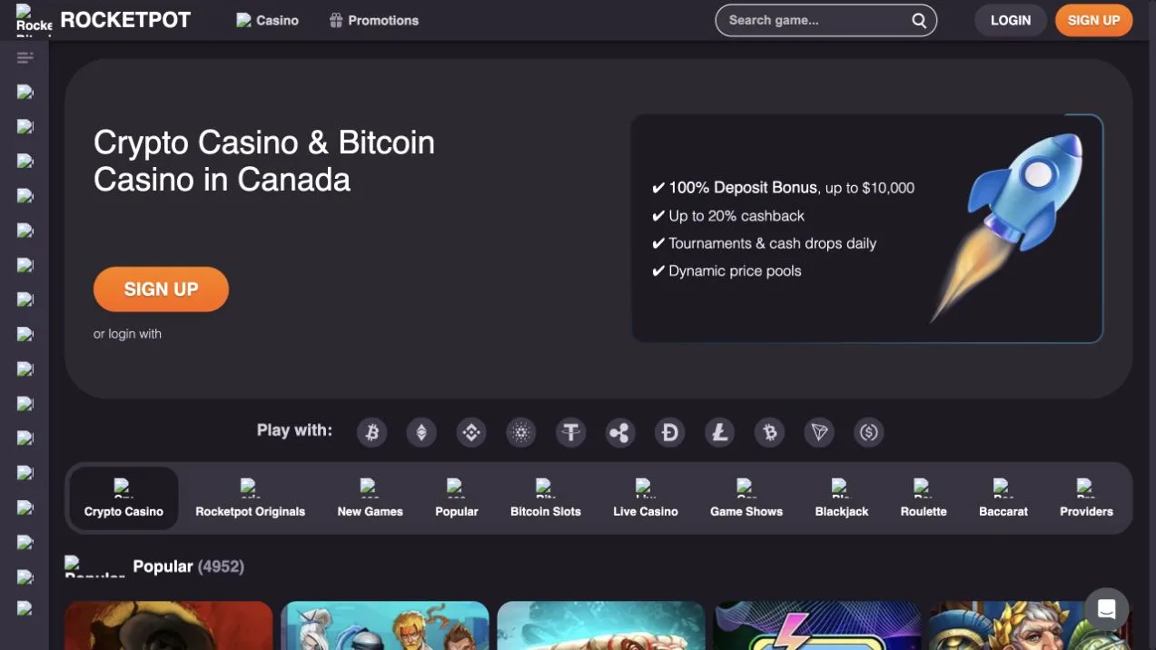 Rocketpot homepage with crypto casino lobby and deposit promotion