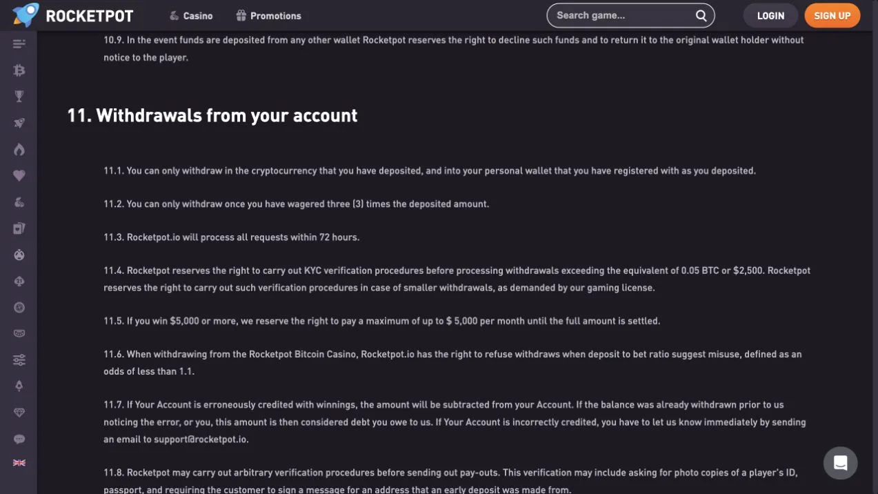 Rocketpot withdrawal terms showing rollover processing time KYC threshold and limits