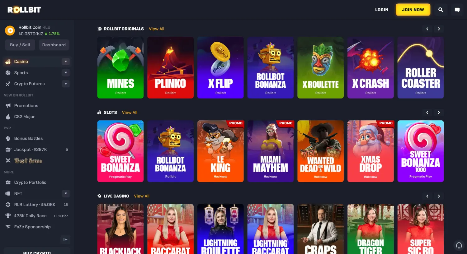 Rollbit game lobby with Originals slots and live casino categories