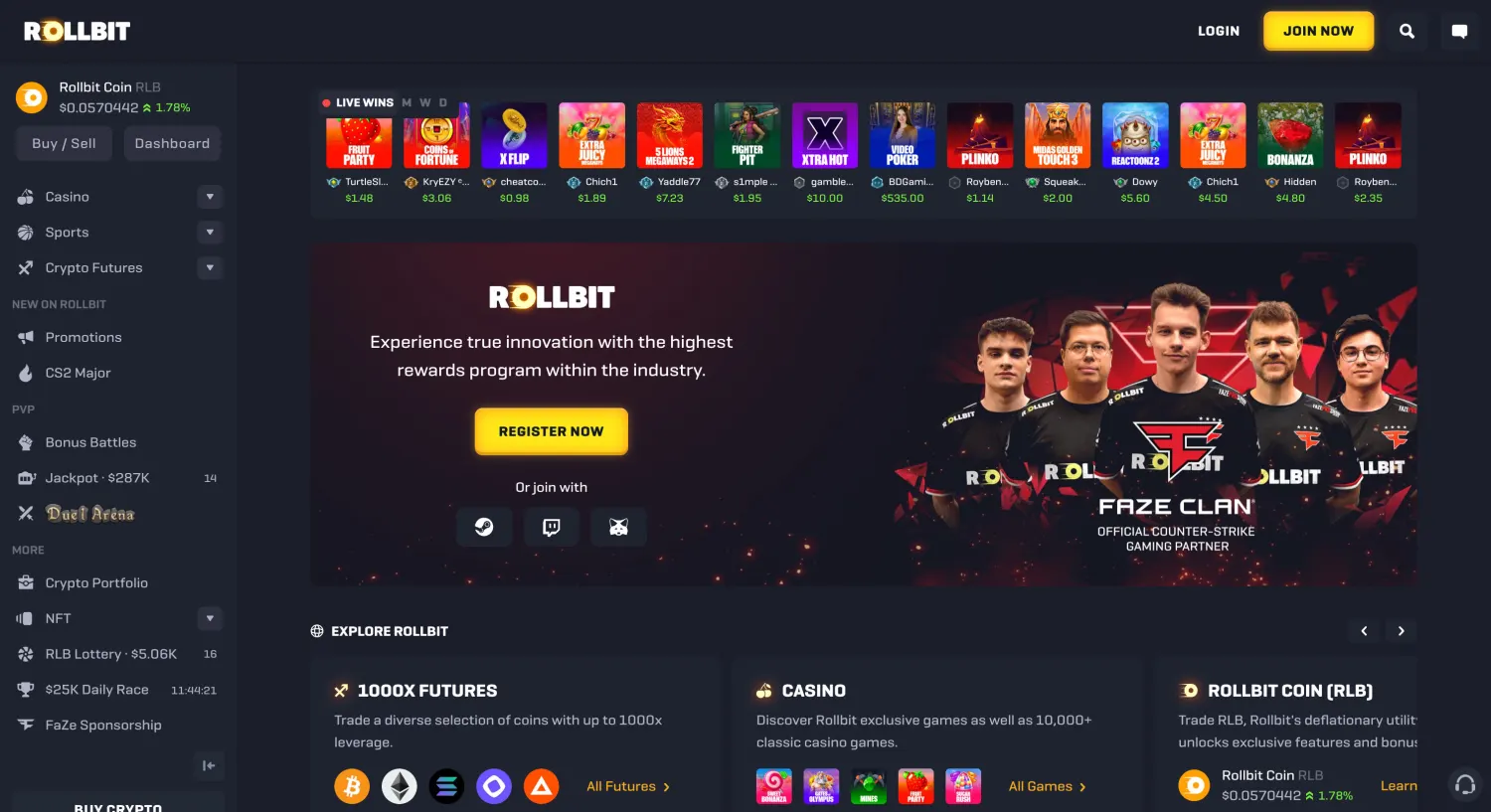 Rollbit casino sportsbook and crypto futures interface captured for an editorial investigation