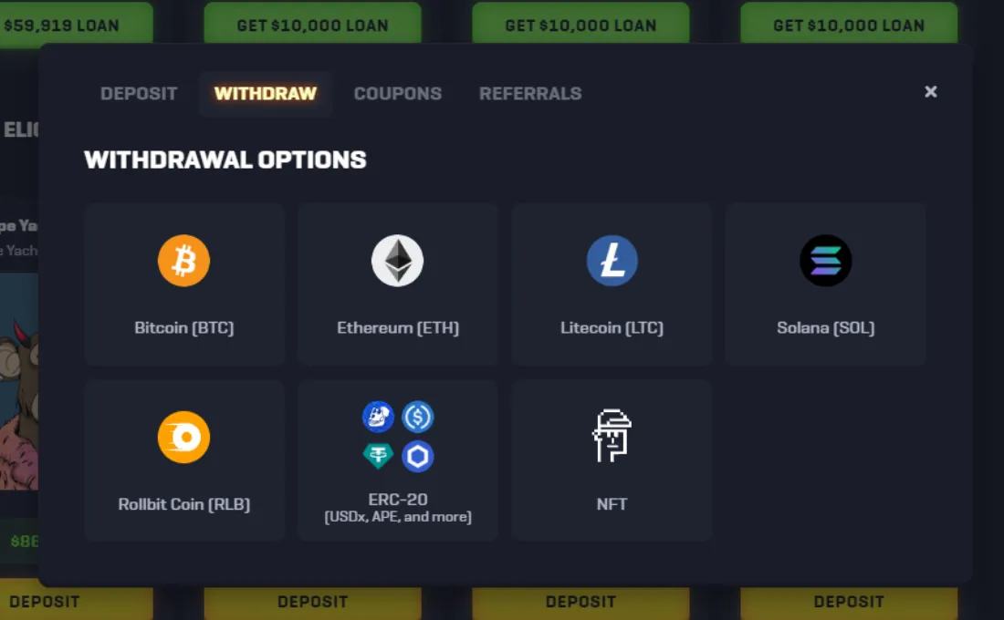 Archived Rollbit cashier interface showing cryptocurrency withdrawal methods