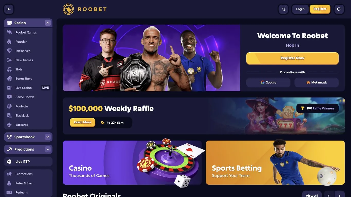 Roobet public casino and sportsbook interface captured for an editorial investigation