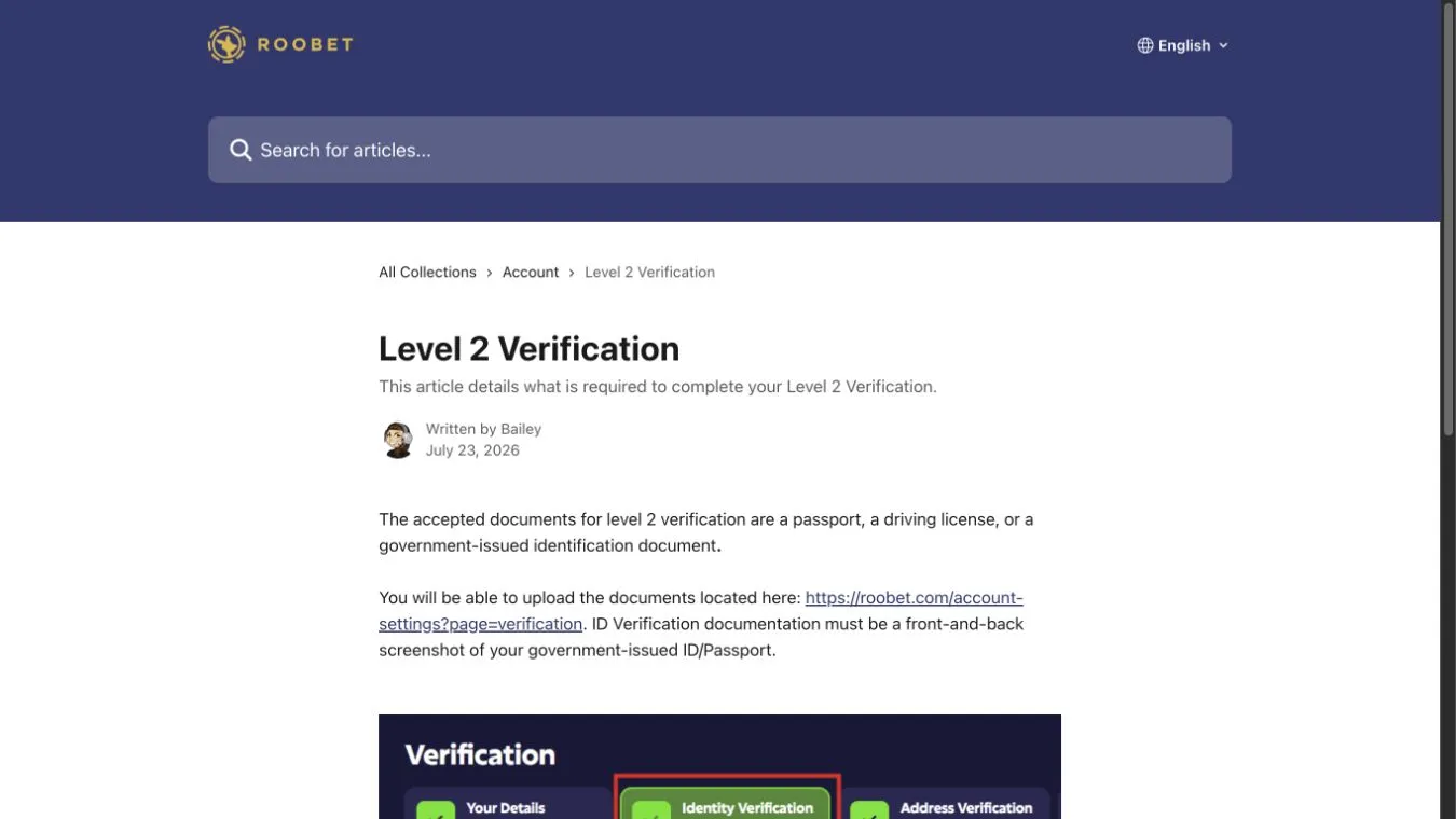 Roobet official level 2 identity verification document requirements