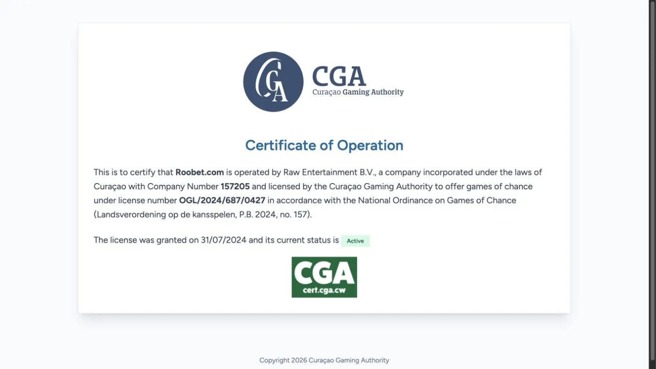 Curaçao Gaming Authority certificate naming Roobet and Raw Entertainment BV