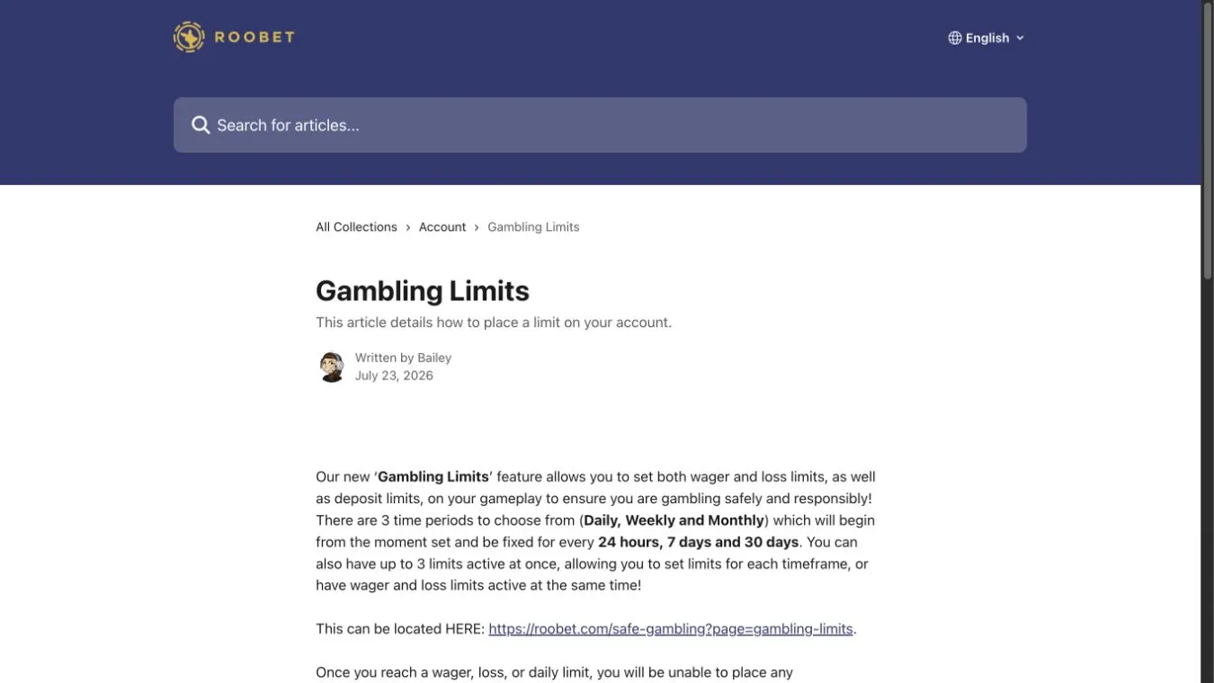 Roobet official gambling limits guide for deposit wager and loss controls