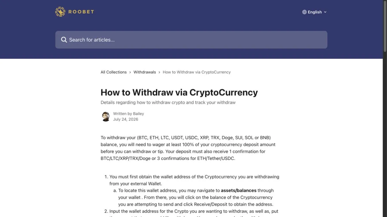 Roobet official cryptocurrency withdrawal guide with supported assets and steps