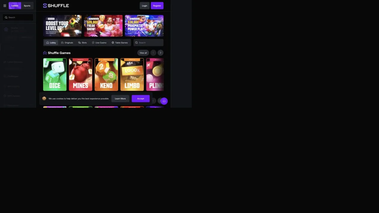 Shuffle public casino and sportsbook interface captured for an editorial investigation