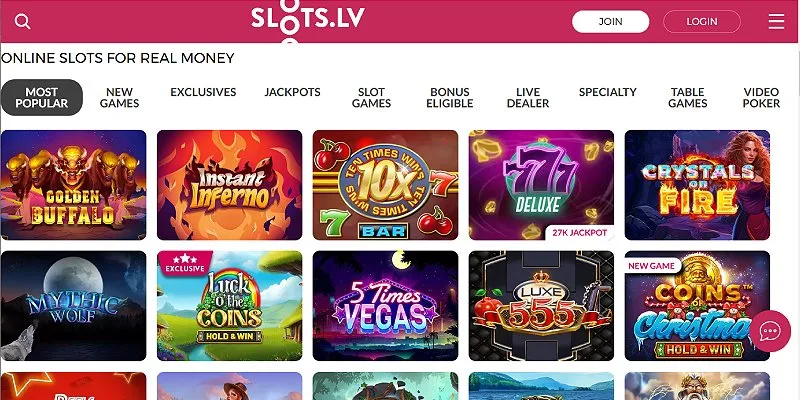 Slots.lv homepage and casino navigation