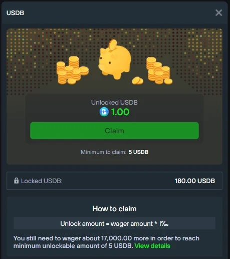 Solcasino USDB panel distinguishing locked rewards, unlocked rewards and the minimum claim