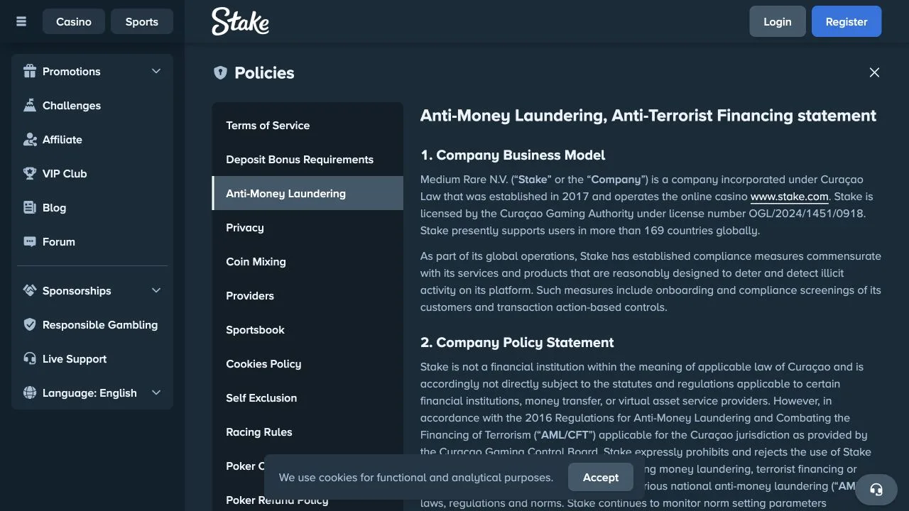 Stake anti money laundering policy describing company and compliance controls