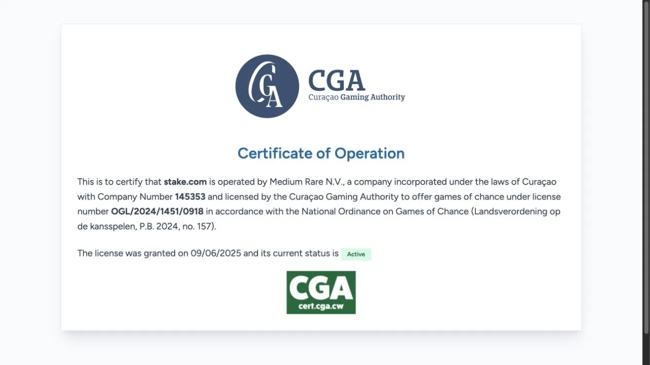 Curaçao Gaming Authority active certificate for stake.com and Medium Rare NV