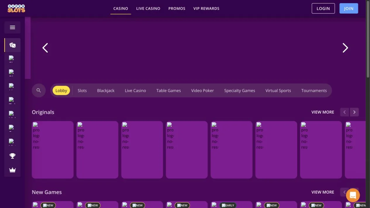 Super Slots public casino interface with Originals and game navigation