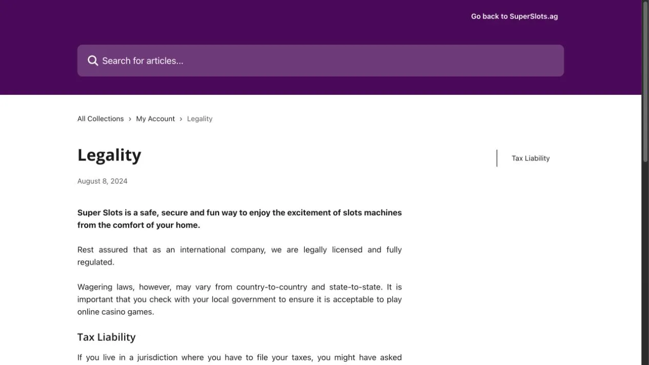 Super Slots legality page claiming licensing without naming a regulator