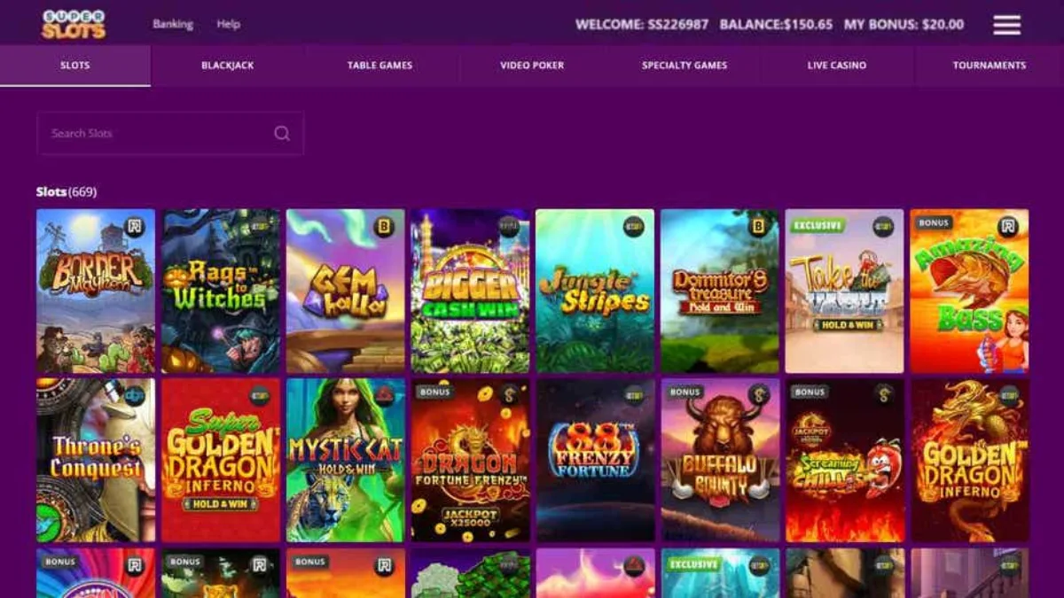 Super Slots casino lobby with game categories and slot thumbnails