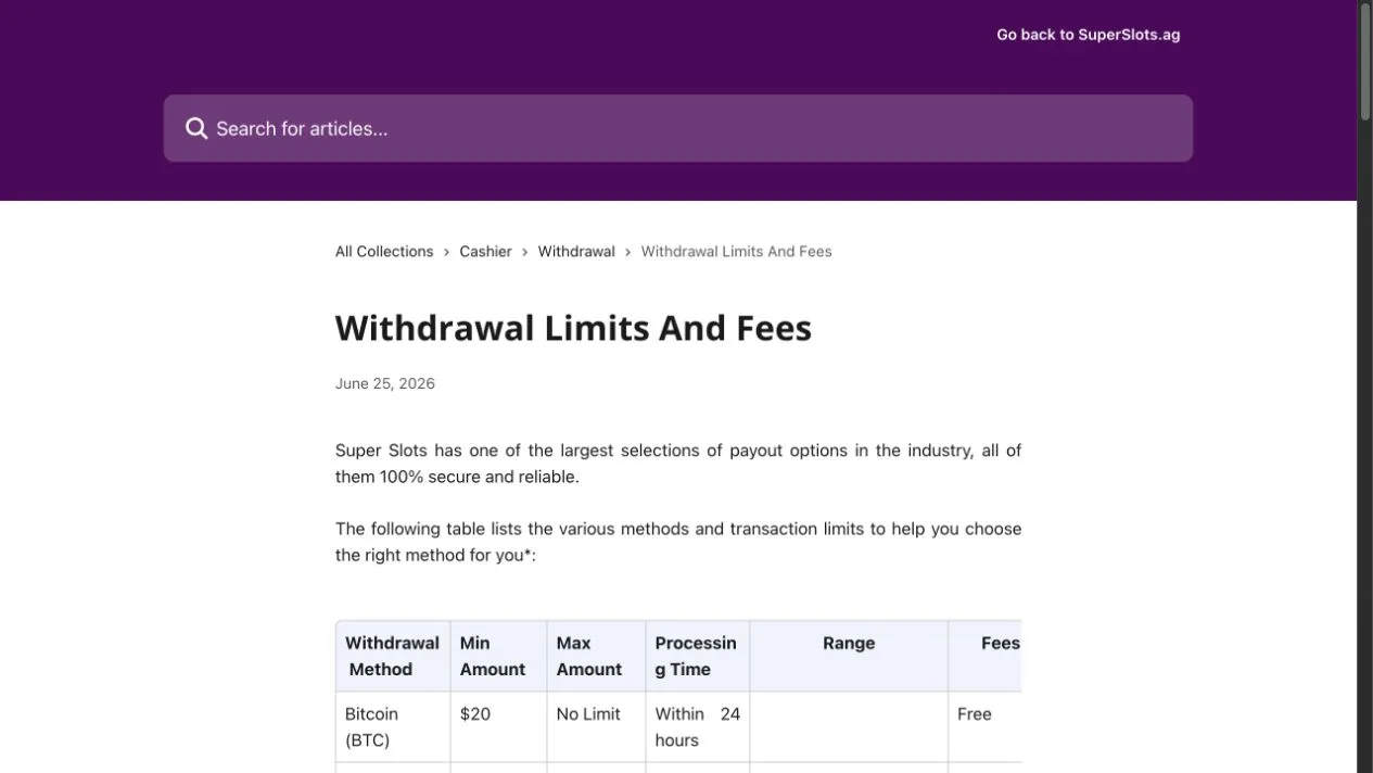Super Slots withdrawal limits and fees table showing Bitcoin minimum and processing time