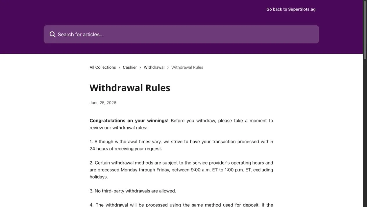Super Slots withdrawal rules with 24-hour target and verification requirements