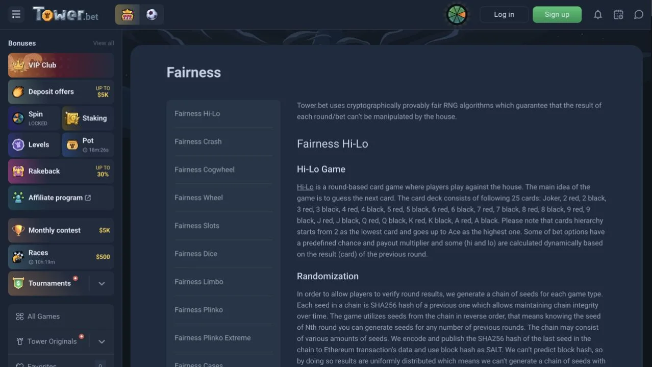 Tower.bet fairness page listing Originals and verification methods