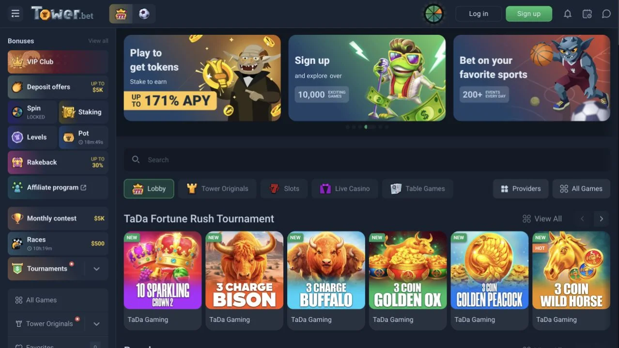Tower.bet public crypto casino lobby with Originals and promotions