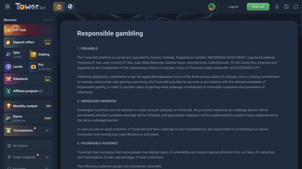 Tower.bet responsible gambling policy describing monitoring and account intervention