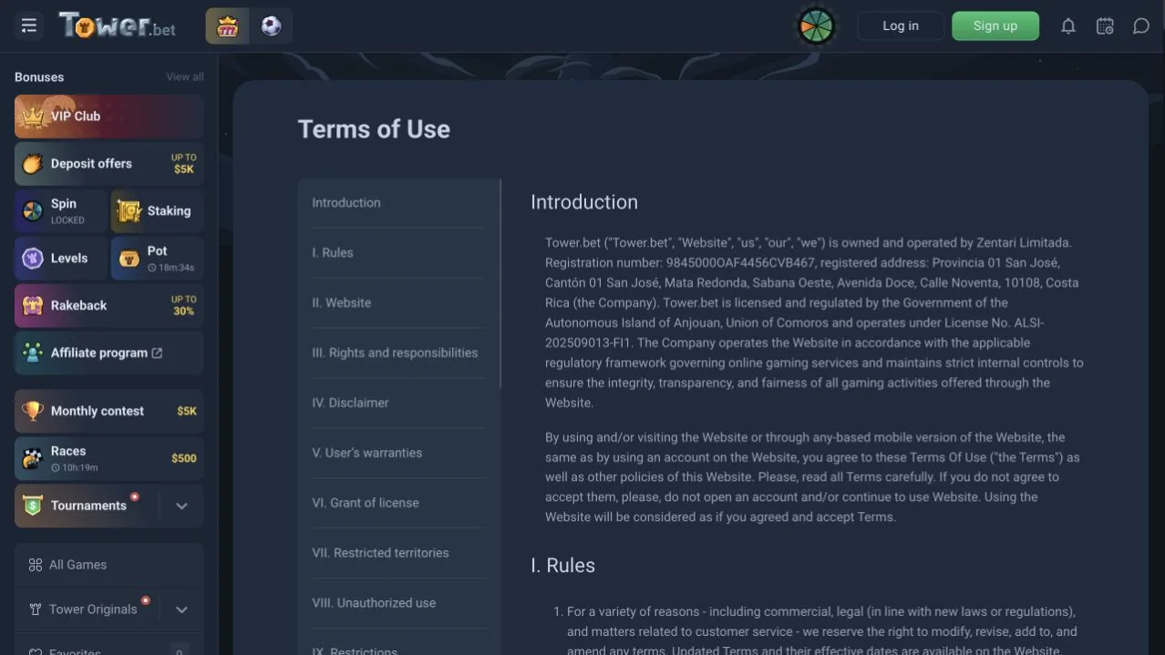 Tower.bet current terms page naming its operator and licence