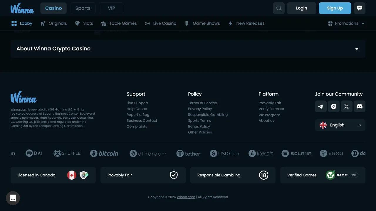 Winna public crypto casino interface captured for an editorial investigation